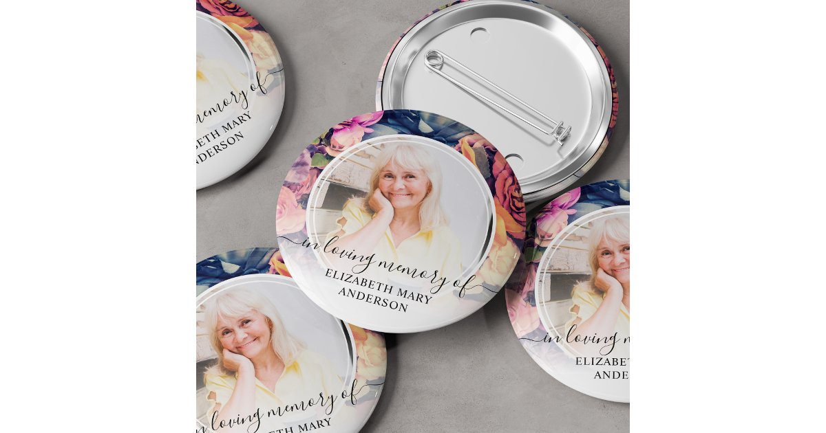 Funeral In Loving Memory Moody Floral Photo Button | Zazzle