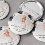 Funeral In Loving Memory Navy Pink Floral Photo Button<br><div class="desc">The perfect button for friends and family to wear at a funeral with an image of your loved one and the words "in loving memory" and their name. The design features a navy blue and blue pink watercolor floral design.</div>