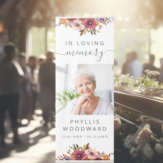Funeral In Loving Memory Photo Autumn Floral  Retractable Banner (Creator Uploaded)