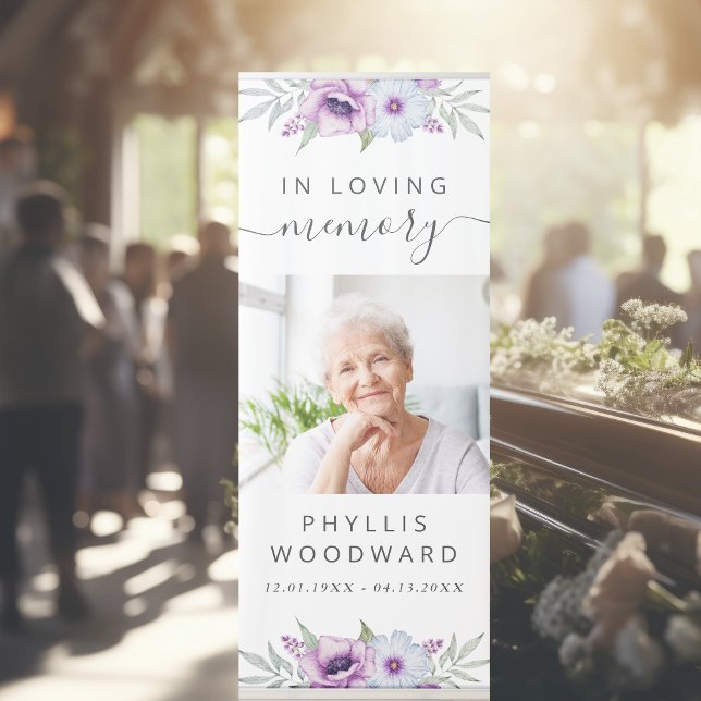 Funeral In Loving Memory Photo Floral Blue Violet Retractable Banner (Creator Uploaded)