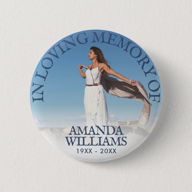 Funeral In Loving Memory Photo Navy Blue Button (Front)