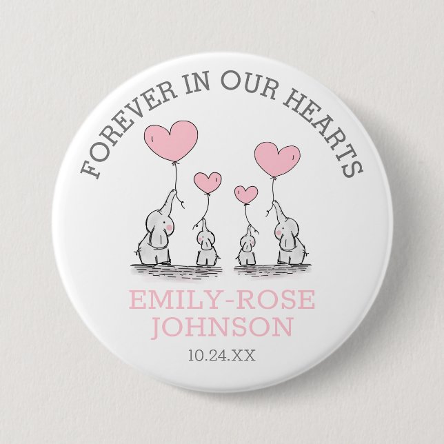 Funeral In Loving Memory | Pink Hearts Elephants Button (Front)