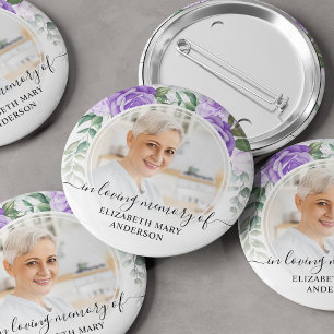Funeral In Loving Memory Purple Floral Photo Button