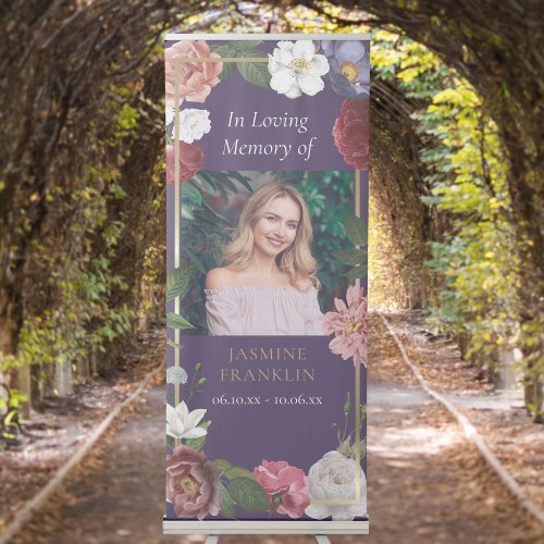 Funeral In Loving Memory Purple Roses Floral Photo Retractable Banner