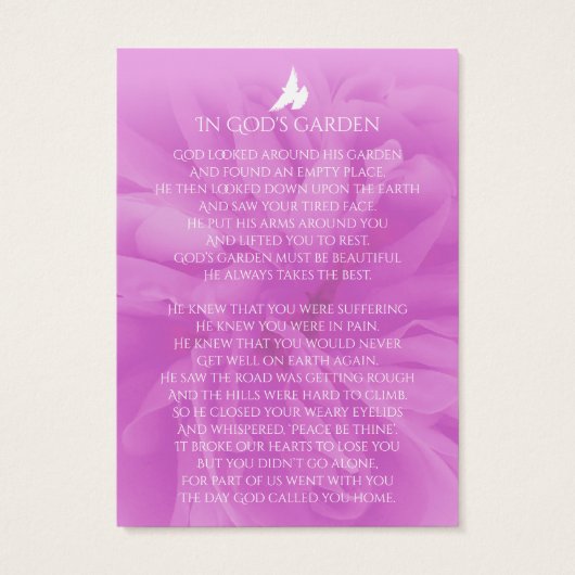 Funeral in loving memory rose prayer / poem card (Back)
