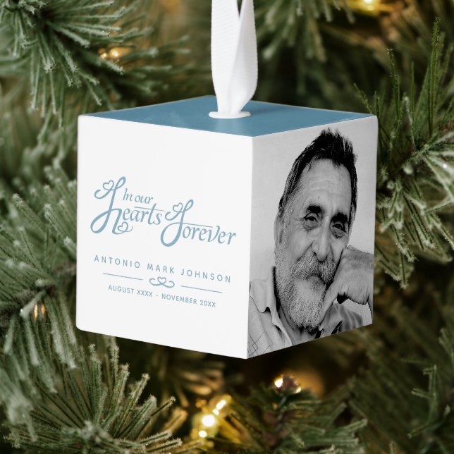 Funeral in our hearts blue white photo remembrance cube ornament (Tree)
