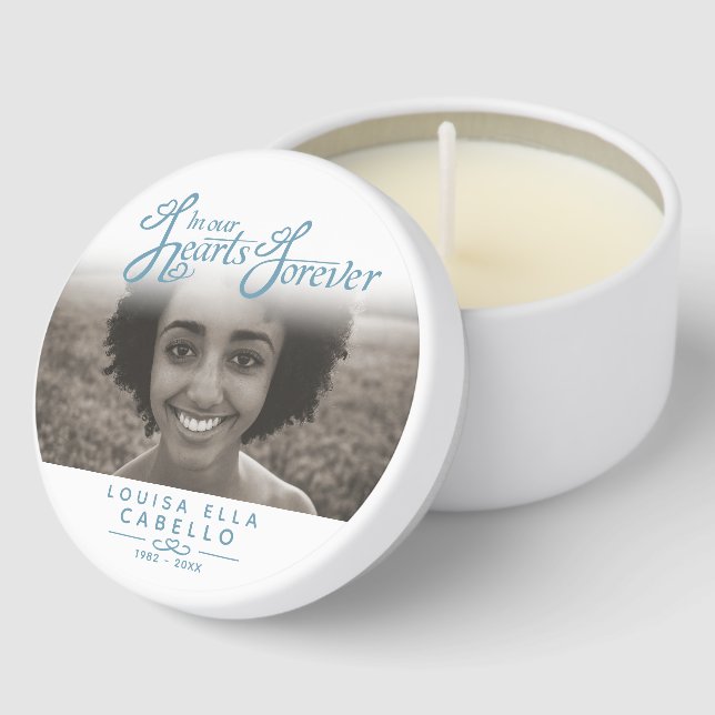 Funeral in our hearts forever modern white blue mini candle favors (Corner)