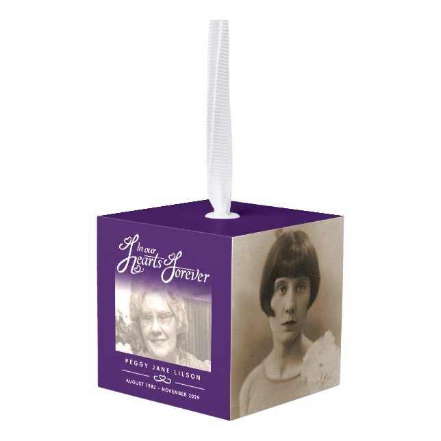 Funeral in our hearts forever purple poem photos cube ornament (Back Angled)