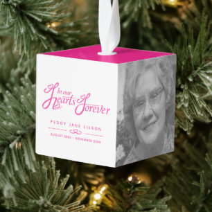 Funeral in our hearts pink white photo remembrance cube ornament