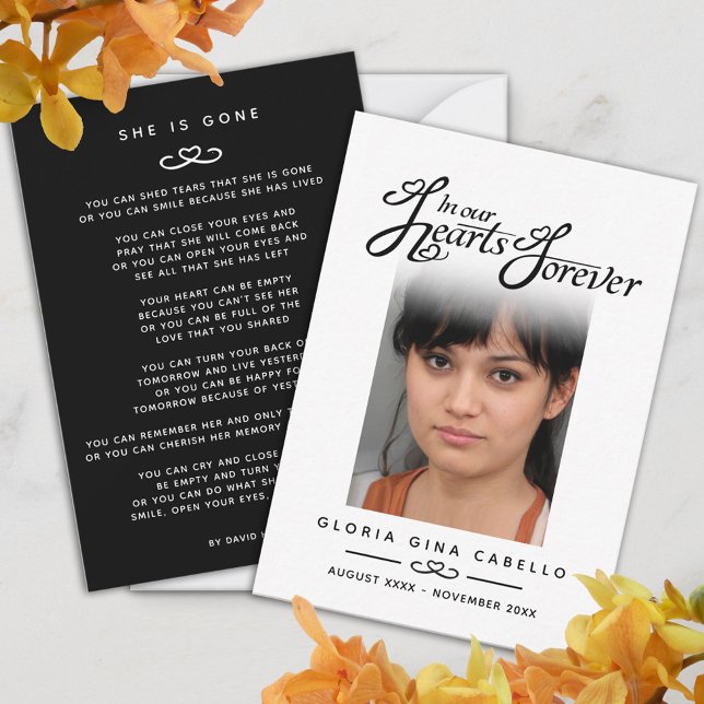 Funeral in our hearts she is gone poem white black note card (Creator Uploaded)