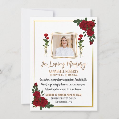 Funeral Invitation - Red Roses With Golden Borders