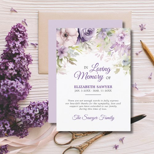Funeral Lavender Purple Violet Memory THANK YOU Card
