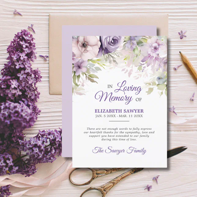 Funeral Lavender Purple Violet Memory THANK YOU Card | Zazzle