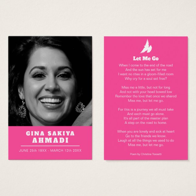Funeral let me go white dove prayer poem pink card (Front & Back)