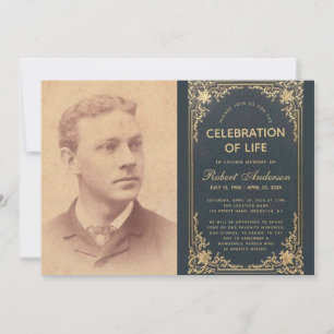 Funeral Life Celebration Photo Vintage Blue Gold Invitation