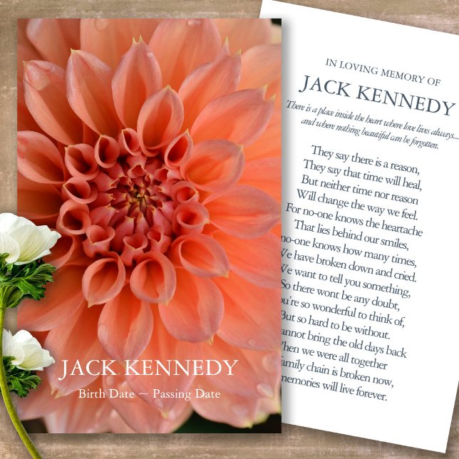 Funeral Loss Dahlia Memorial Prayer Sympathy Cards (Forever in our hearts, celebration of life, in loving memory of, prayer cards for bereavement)