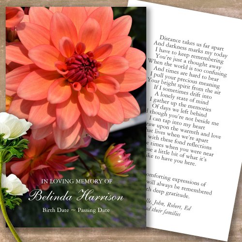 Funeral Loss Orange Dahlia Prayer Sympathy Cards