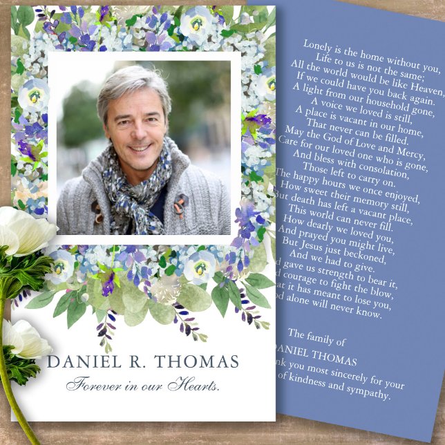 Funeral Loss Purple Florals Prayer Sympathy Cards (Forever in our hearts, celebration of life, in loving memory of, prayer cards for bereavement)