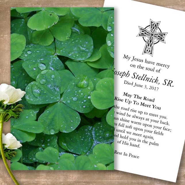 Funeral Loss Shamrock Prayer Sympathy Cards (catholic, religious, celebration of life, in loving memory of, prayer cards for bereavement)