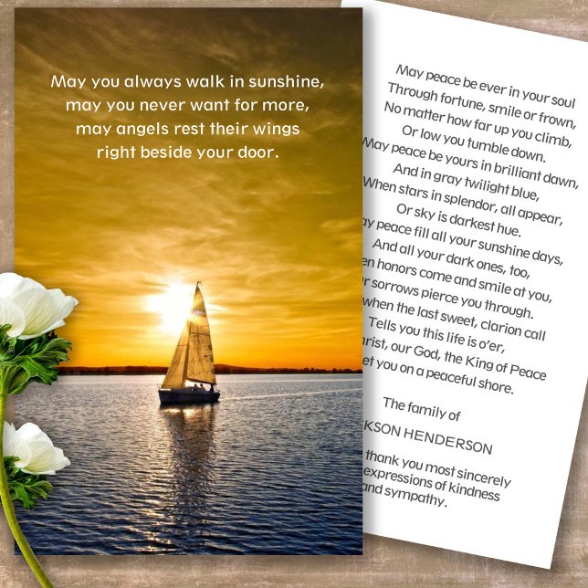 Funeral Loss Yacht & Sunset Prayer Sympathy Cards (sunset, sunrise, beach, celebration of life, in loving memory of, prayer cards for bereavement)
