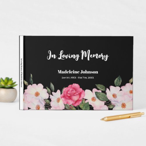 Funeral Loved One Watercolor Pink White Roses Guest Book
