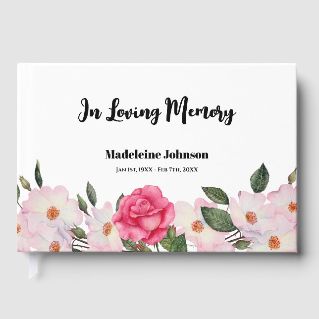 Funeral Loved One Watercolor Pink White Roses Guest Book (Front)