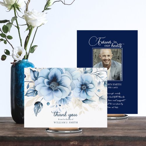 Funeral Loving Memory Blue Navy THANK YOU  PHOTO Card
