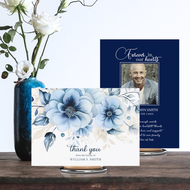 Funeral Loving Memory Blue Navy THANK YOU | PHOTO Card (Funeral In Loving Memory Blue Navy THANK YOU with PHOTO. Watercolor flowers.)