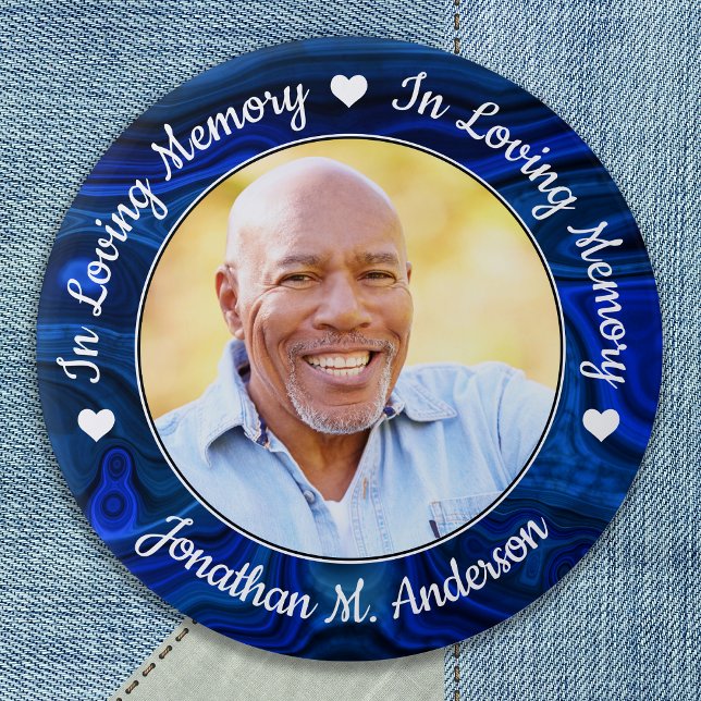 Funeral Loving Memory Photo Blue Marble Memorial Button (Creator Uploaded)
