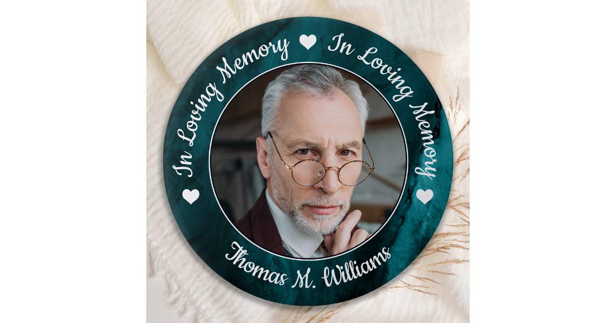 Funeral Loving Memory Photo Memorial Green Marble Button | Zazzle