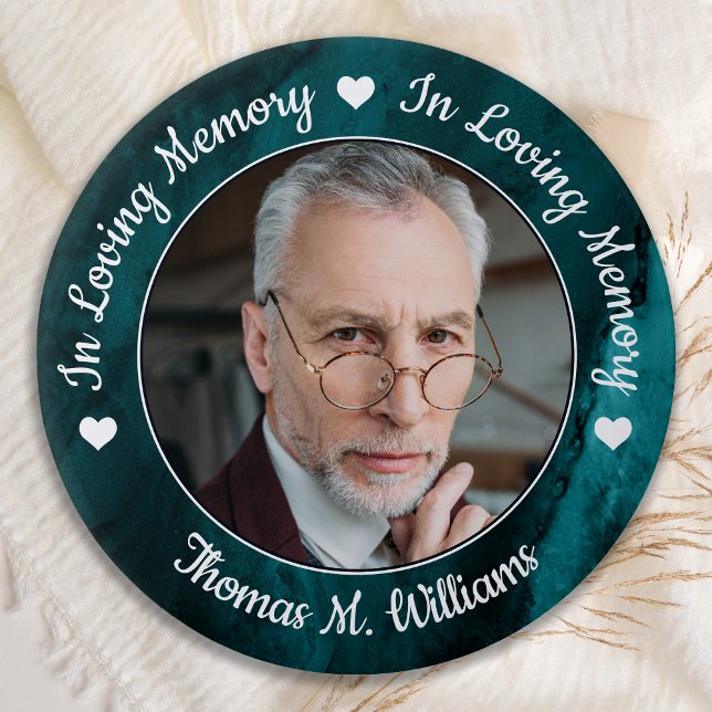 Funeral Loving Memory Photo Memorial Green Marble Button (Creator Uploaded)