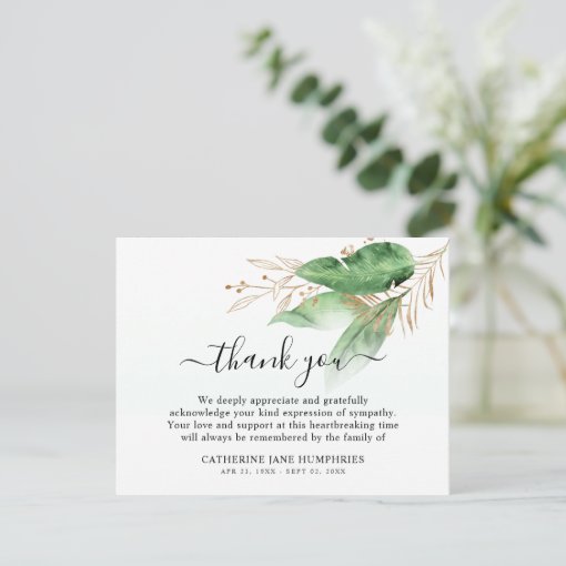 Funeral Luxury Botanical Greenery & Gold Sympathy Thank You Card | Zazzle