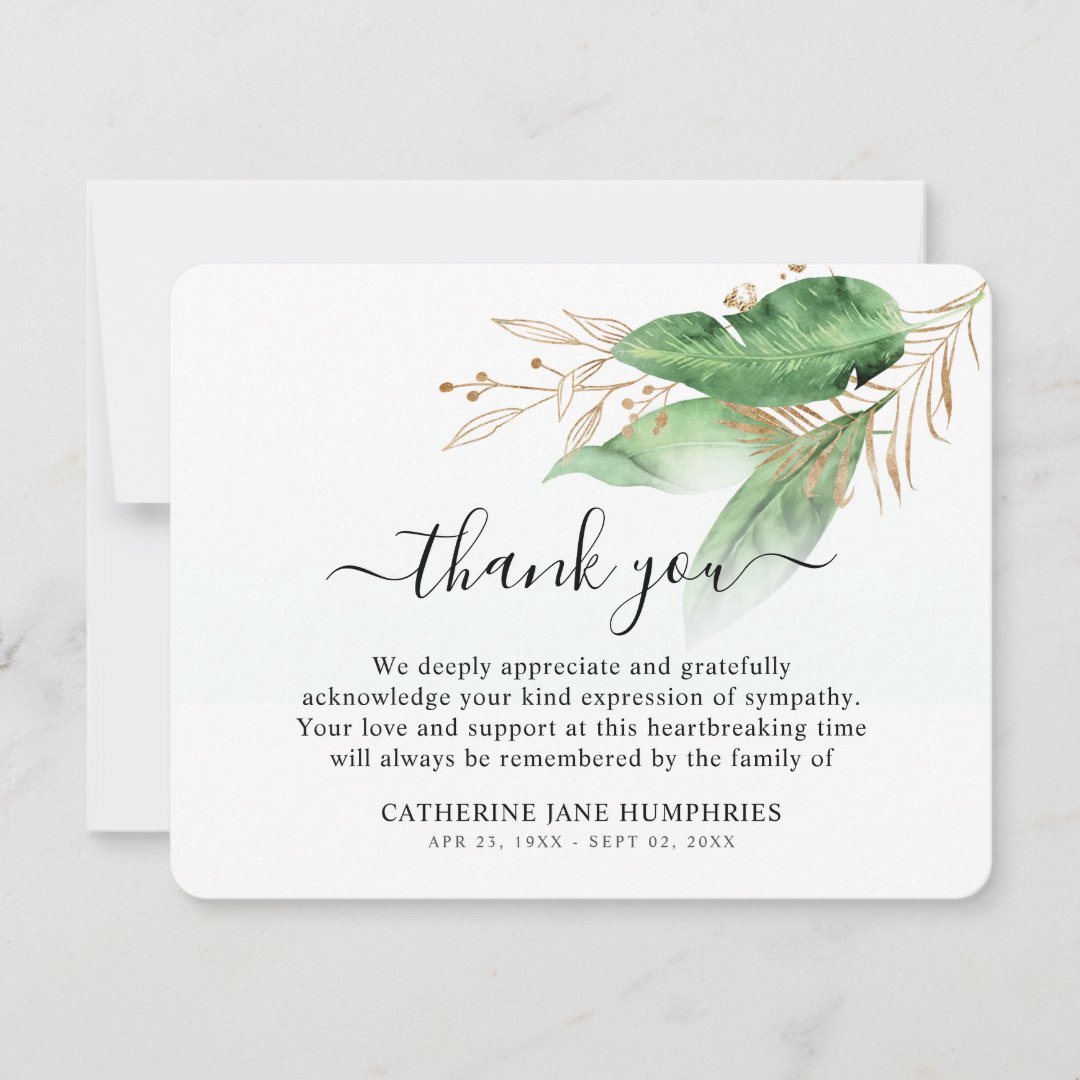 Funeral Luxury Botanical Greenery & Gold Sympathy Thank You Card | Zazzle