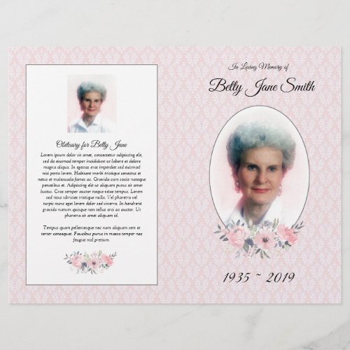 Funeral Mass Program  Pink Floral Damask Flyer