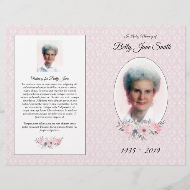 Funeral Mass Program | Pink Floral Damask Flyer (Front)