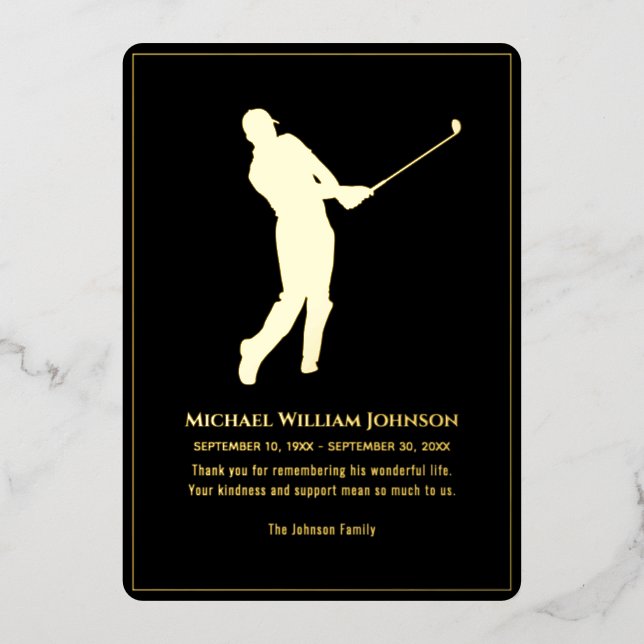 Funeral Memorial Black And Gold Golf Player Foil Invitation (Front)