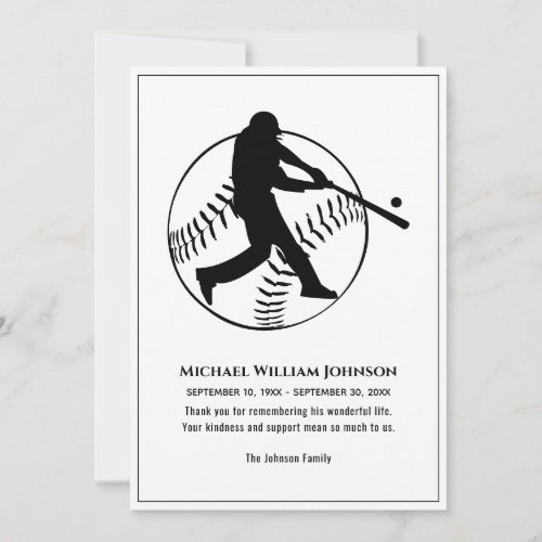 Funeral Memorial Black And White Baseball Batter Thank You Card