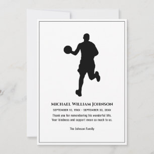 Funeral Memorial Black And White Basketball Player Thank You Card