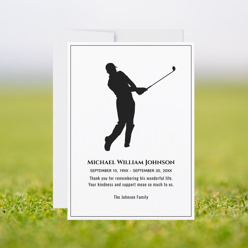 Funeral Memorial Black And White Golf Player Thank You Card
