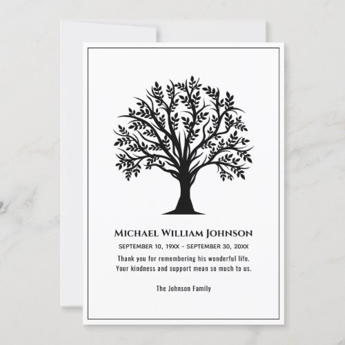 Funeral Memorial Black And White Tree Of Life Thank You Card