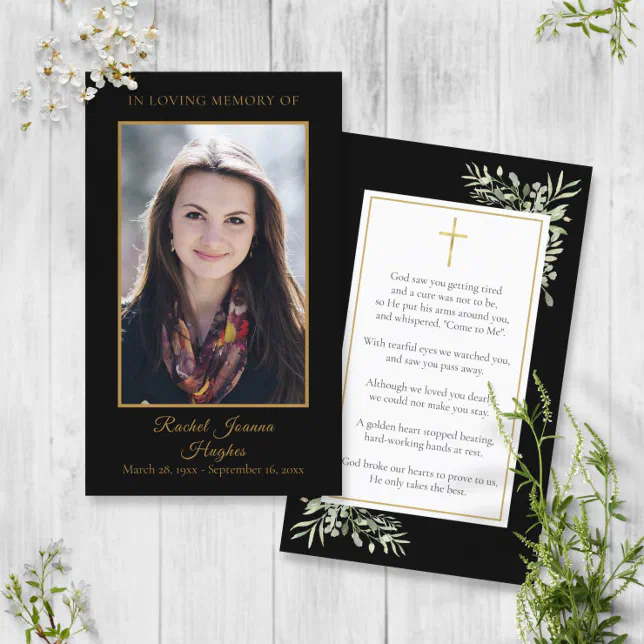 Funeral Memorial Black Gold Photo Prayer Cards | Zazzle