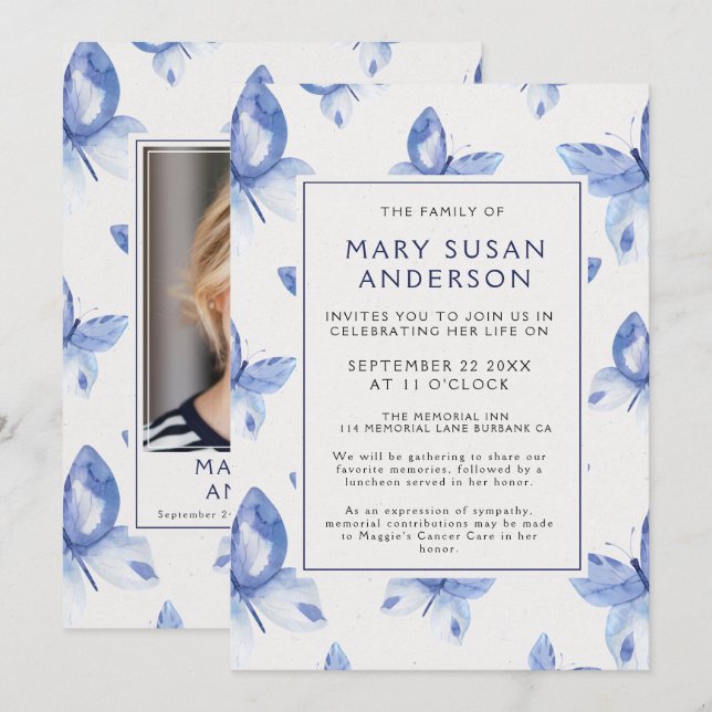 Funeral Memorial Butterflies Photo Announcement (Front/Back)