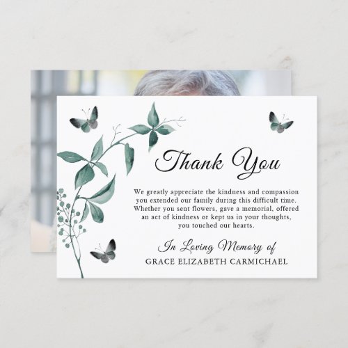 Funeral Memorial Butterfly Botanical Photo Thank You Card