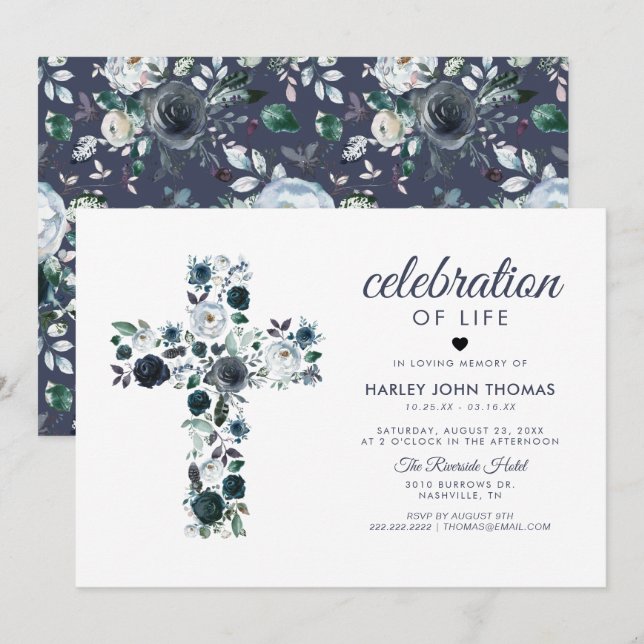 Funeral Memorial | Celebration of Life Blue Cross Invitation (Front/Back)