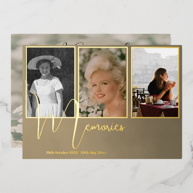 Funeral Memorial Elegant  Modern 4 Photo Foil Invitation (Front/Back)