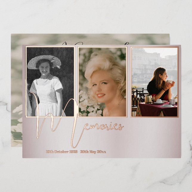 Funeral Memorial Elegant Pastel Modern 4 Photo Foil Invitation (Front/Back)