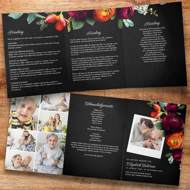 Funeral/Memorial Floral 7-Photo Modern Script Tri-Fold Program (Creator Uploaded)