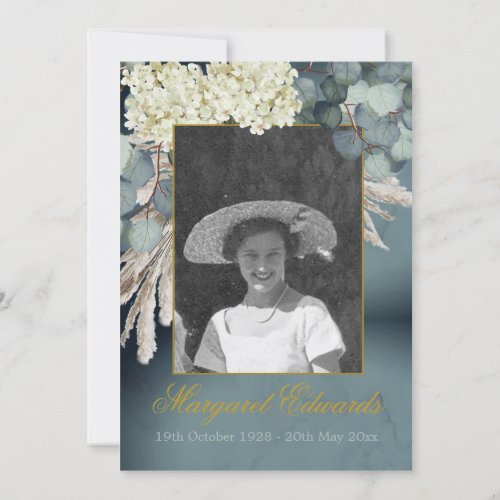 Funeral Memorial Floral Blue Gold Elegant Photo Invitation