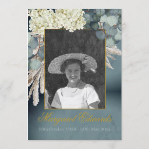 Funeral Memorial Floral Blue Gold Elegant Photo Invitation