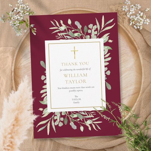 Funeral Memorial Foliage Burgundy Christian Thank You Card